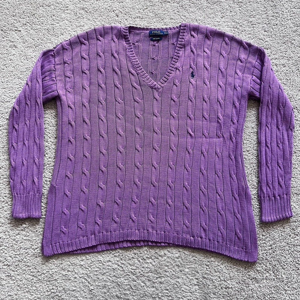 Polo Ralph Lauren Cable Knit Sweater Womens M Purple Pima Cotton V-Neck Pullover